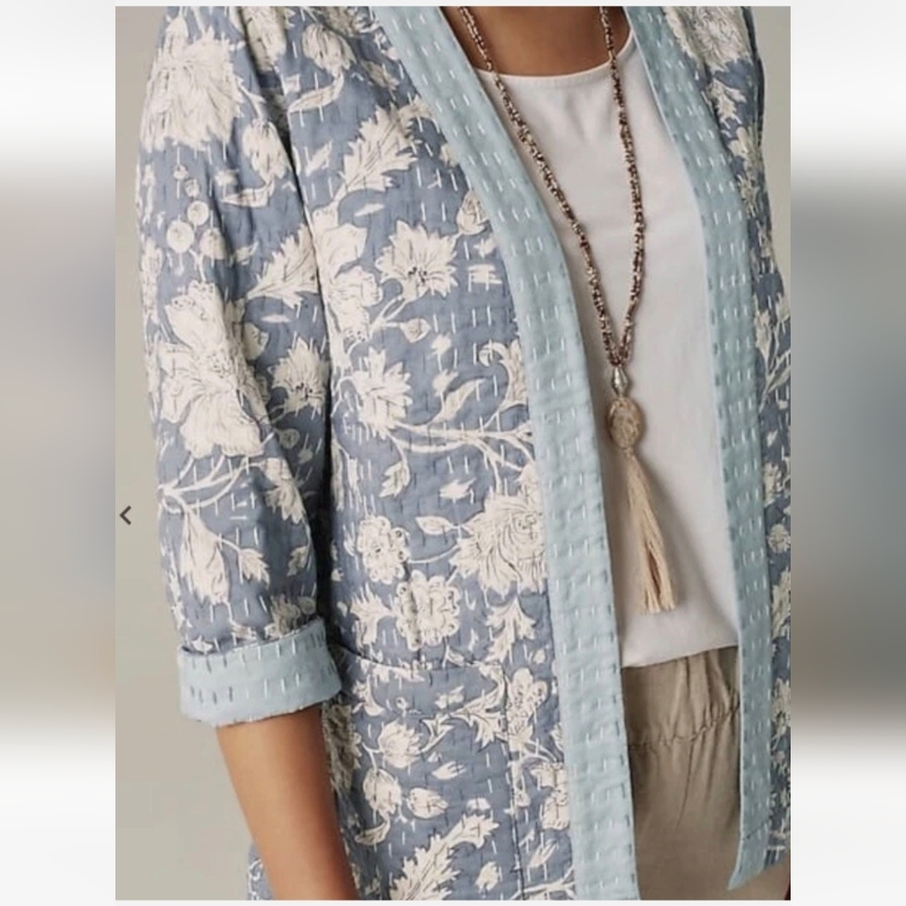 NEW J Jill Pure Cotton Indian Kantha Stitched Quilt Patch Pocket Jacket Size Lrg - Picture 5 of 16